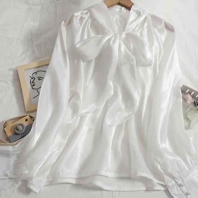 光沢 フォーマル リボン 事務服 ブラウス シャツ リボンタイ 白 シャツ  