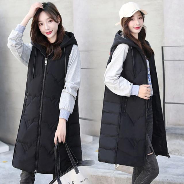 ロング中綿ベスト レディース レイヤード コート フード付き 体型