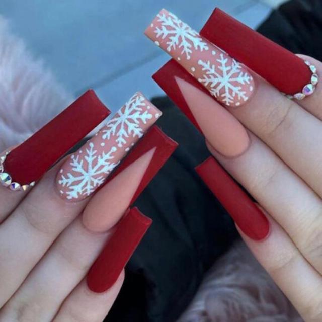 24枚入り ネイルチップ スクエア ロングバレリーナ 雪の結晶 付け爪