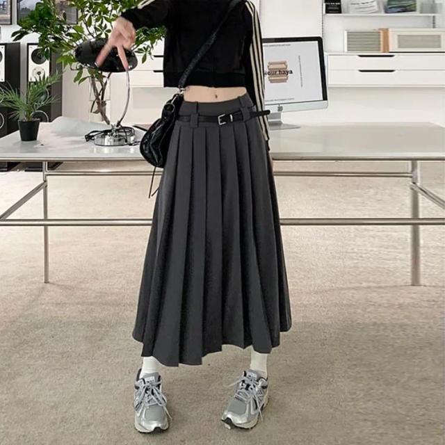 送料無料 ボトムス ひざ下 プリーツスカート レディース ベルト付