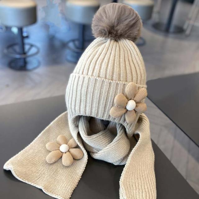 ニットマフラー 厚手 無地 ポンポン付き 子供 ニットキャップ フラワー