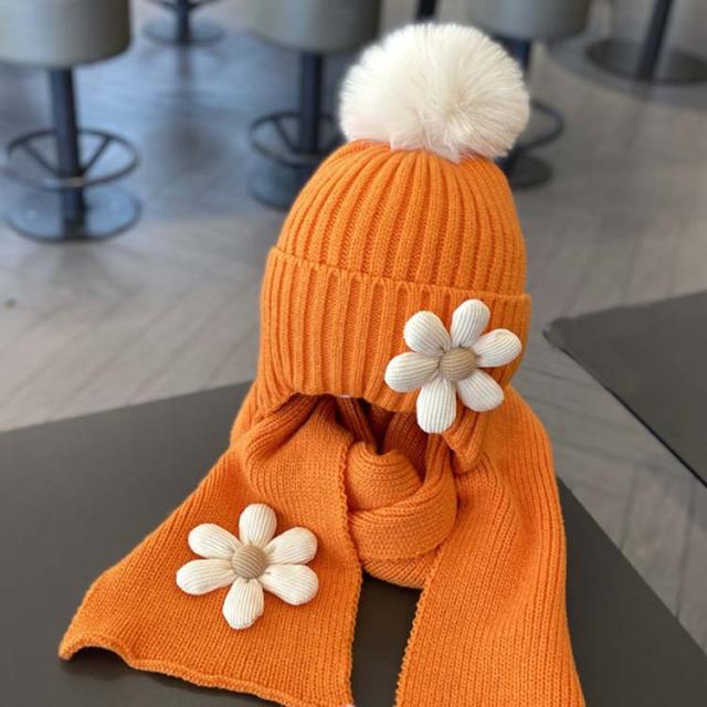 ニットマフラー 厚手 無地 ポンポン付き 子供 ニットキャップ フラワー