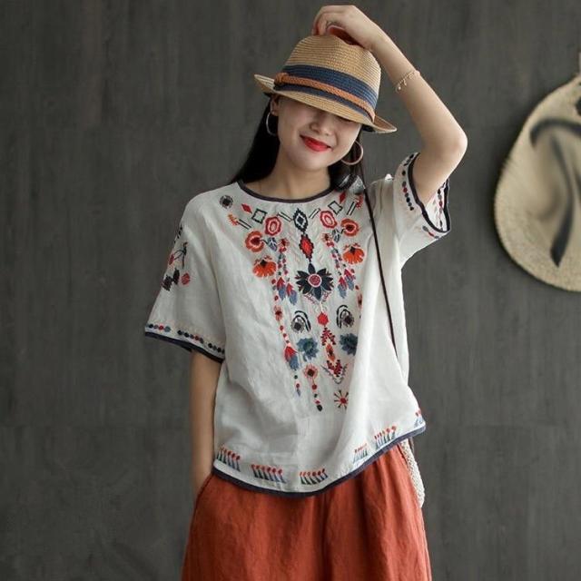 涼しい 綿麻 ブラウス Tシャツ ホワイト Tシャツ リネン プル