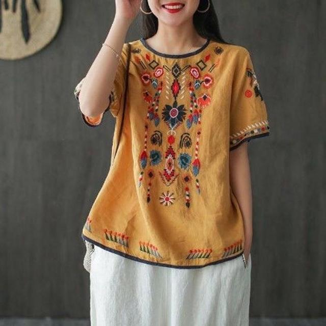 半袖 tシャツ レディース ゆったり ブラウス 刺繍 花柄 きれいめ 綿 麻 トップス カジュアル エスニック風 夏物 レトロ おしゃれ 薄手 ふんわり 体型カバー 楽天市場】tシャツ Tシャツ 綿 刺繍 花柄 半袖 レディース 綿麻