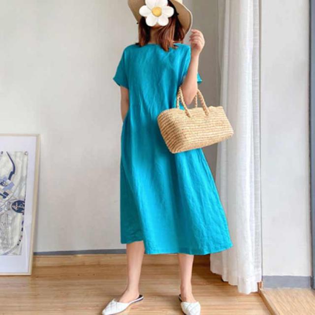 綿麻 リネン ワナチュラルワンピース 半袖 ゆったりサイズ /N116