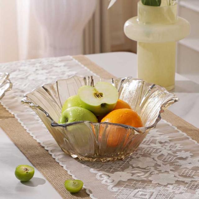 お菓子 フルーツ盛り パスタ入れ 花型淡いピンクガラス 大皿 盛り皿