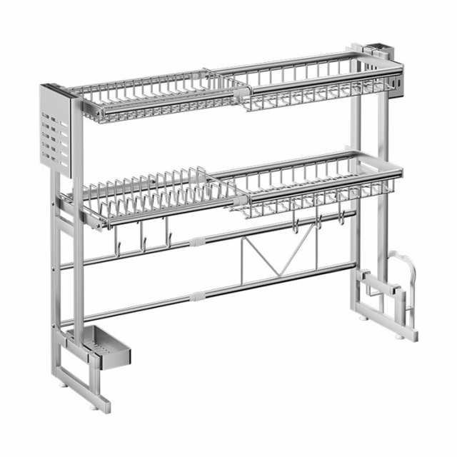 スリム シンク上 大容量 棚 ２段 包丁立て シンクサイド 横 渡し 伸縮 水切りラック 食器 ステンレス フック付き 皿 箸立て まな板立て 