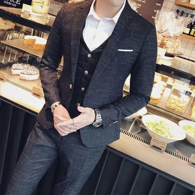 礼服 細身 スリム スーツセット メンズ メンズスーツ パーティー ビジネス 演奏会 一つボタン 結婚式 ベスト パンツ 男性用 ジャケット フォーマル 新郎 3点セット 紳士服 二次会 写真撮影 ウェディング セレモニースーツ 発表会 チェック柄 黒 紺 ブラック_1