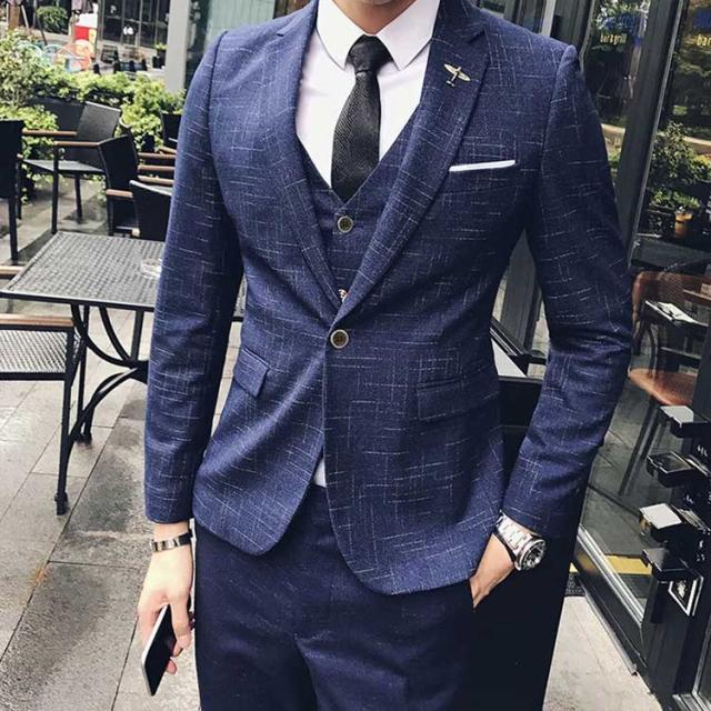 礼服 細身 スリム スーツセット メンズ メンズスーツ パーティー ビジネス 演奏会 一つボタン 結婚式 ベスト パンツ 男性用 ジャケット フォーマル 新郎 3点セット 紳士服 二次会 写真撮影 ウェディング セレモニースーツ 発表会 チェック柄 黒 紺 ブラック_2