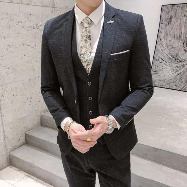 礼服 細身 スリム スーツセット メンズ メンズスーツ パーティー ビジネス 演奏会 一つボタン 結婚式 ベスト パンツ 男性用 ジャケット フォーマル 新郎 3点セット 紳士服 二次会 写真撮影 ウェディング セレモニースーツ 発表会 チェック柄 黒 紺 ブラック_3