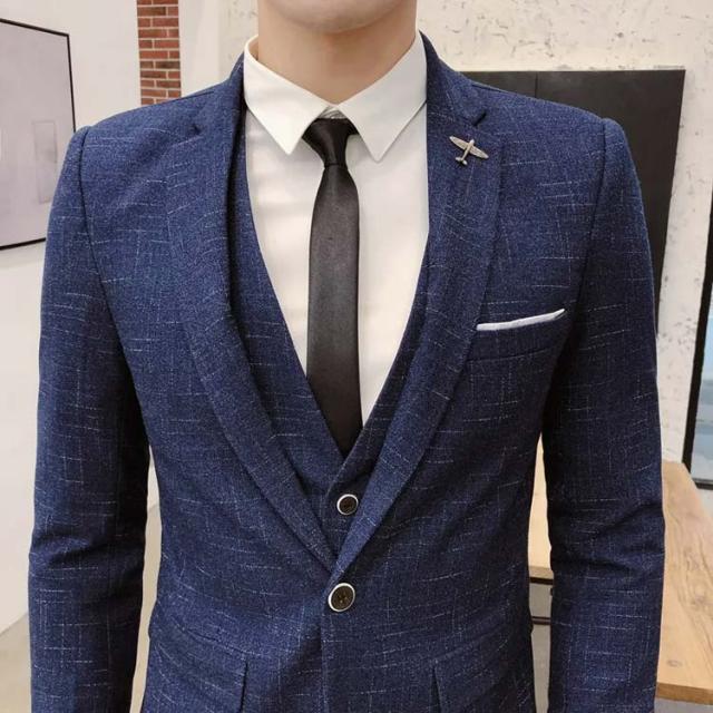礼服 細身 スリム スーツセット メンズ メンズスーツ パーティー ビジネス 演奏会 一つボタン 結婚式 ベスト パンツ 男性用 ジャケット フォーマル 新郎 3点セット 紳士服 二次会 写真撮影 ウェディング セレモニースーツ 発表会 チェック柄 黒 紺 ブラック_4