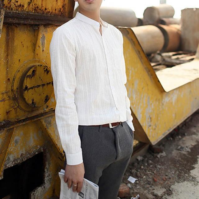 メンズリネンシャツ 長袖シャツ 無地シャツ 襟立ちシャツ カジュアルシャツ Y0082 麻混 春夏秋 カーディガン 白色 XXL シャツ メンズ 綿麻 リネン 麻シャツ シアサッカー 長袖 ストライプ 無地 春夏秋 白 紺 青 ホワイト ネイビー ブラウン ブルー M L 2L  3L 4L 5L 34105