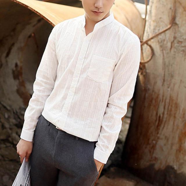 メンズリネンシャツ 長袖シャツ 無地シャツ 襟立ちシャツ カジュアルシャツ Y0082 麻混 春夏秋 カーディガン 白色 XXL シャツ メンズ 綿麻 リネン 麻シャツ シアサッカー 長袖 ストライプ 無地 春夏秋 白 紺 青 ホワイト ネイビー ブラウン ブルー M L 2L  3L 4L 5L 34105