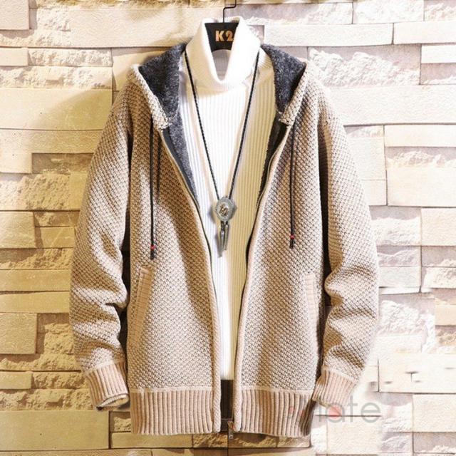 カーディガン メンズ 長袖 羽織り フード付き セーター ジャケット ニットセーター 防寒着 裏起毛 秋冬の通販は
