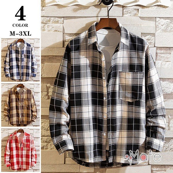 チェックシャツ 長袖シャツ メンズ カジュアルシャツ トップス 開襟