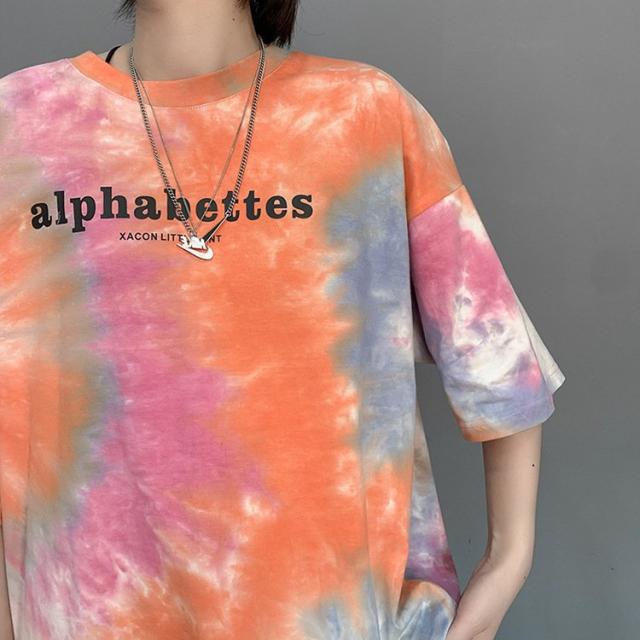 Tシャツレディースタイダイ柄半袖夏ゆるいトップス韓国ファッション原宿系BF風ヒップホップダンスストリート風カジュアル Tシャツ レディース タイダイ柄 半袖 夏 ゆるい トップス 韓国