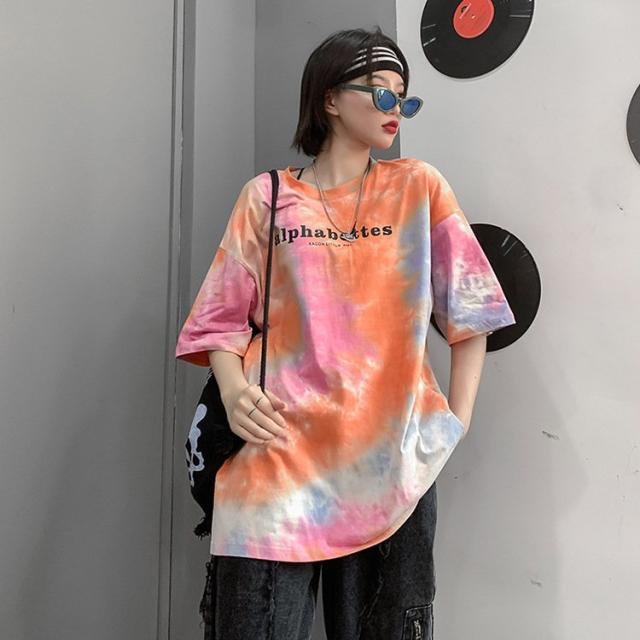 Tシャツレディースタイダイ柄半袖夏ゆるいトップス韓国ファッション原宿系BF風ヒップホップダンスストリート風カジュアル Tシャツ レディース タイダイ柄 半袖 夏 ゆるい トップス 韓国
