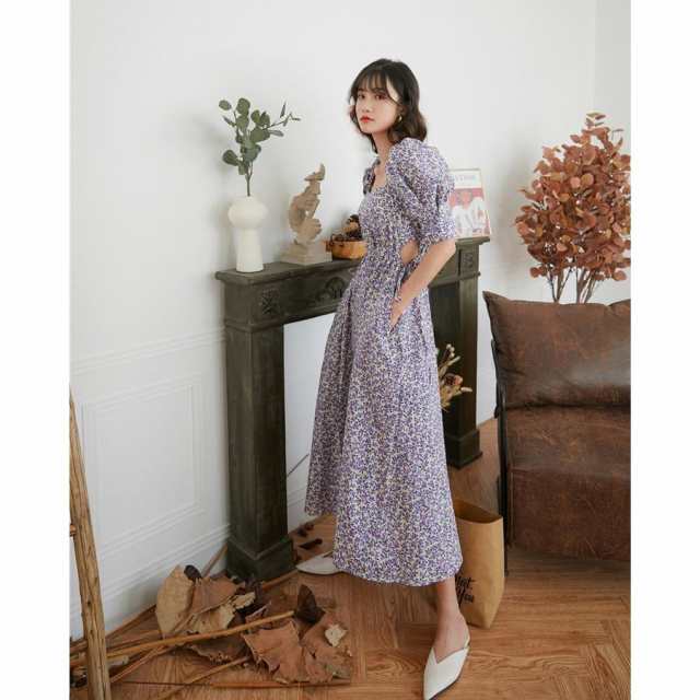 春のコレクション ワンピース ロング丈 ミモレ丈 半袖 フレア 肌見せ 脇腹 背中あき パフスリーブ スクエアネック 小花柄 フラワー ハイウエスト  おしゃれ ギャザー ワンピース サイズ:L - www.we-job.com