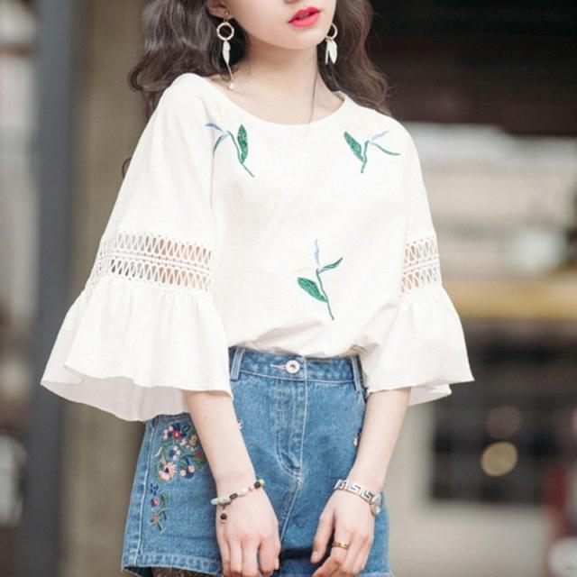 ブラウス レディース 婦人服 トップス プルオーバー 7分袖 ラウンドネック 袖口ゴム シャーリング ドルマンスリーブ プリント 花柄 フラワー 刺繍 ブラウス レディース 婦人服 トップス プルオーバー 7分袖