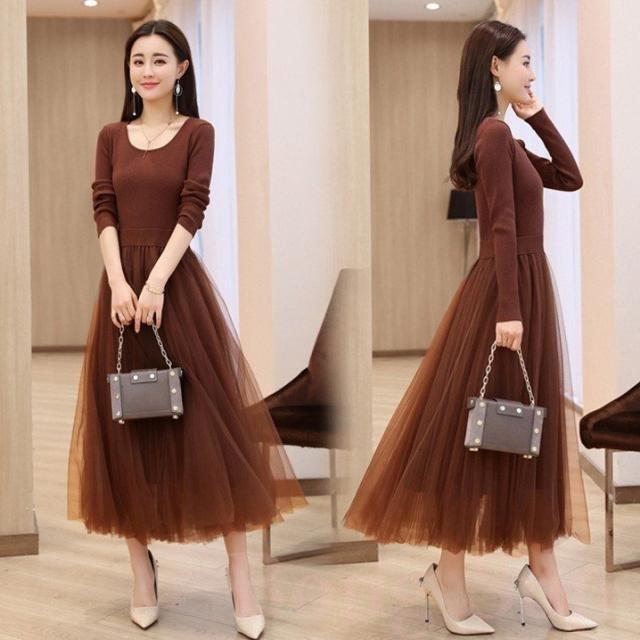 ワンピース レディース 40代 秋冬 マキシワンピースドレス 長袖 きれいめ チェールスカート プリーツワンピ Uネック 結婚式ドレス パーティードレス 2色の通販は