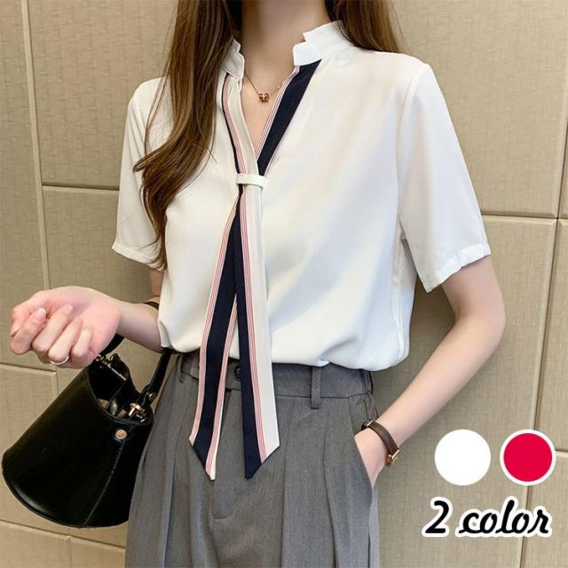 ブラウス レディース 夏 シフォンシャツブラウス 半袖 Vネック オフィス シャツブラウス シフォン オシャレトップス 韓国風 通勤 OL 大人 上品 ブラウス レディース 春夏 シフォンシャツブラウス 半袖
