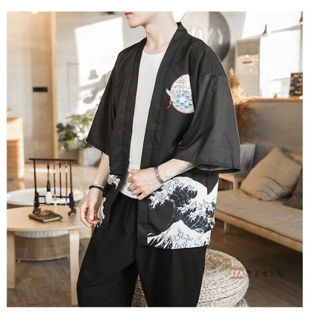 Shiyato] 和風シャツ メンズ 七分袖シャツ カーディガン カジュアルシャツ 鶴柄 浮世絵柄 和服 和式パーカー 羽織 甚平 Shiyato] メンズ  シャツ 亜麻 M～6XL ｔシャツ ゆったり 前開き 無地 リネン カジュアル オシャレ 通勤 通学 七 涼しい リネンシャツ 麻 綿麻シャツ ... [Shiyato] 七分袖シャツ 和風シャツ メンズ 羽織 カーディガン 一つボタン ゆったり おしゃれ 刺繍柄 ストリート 綿麻
