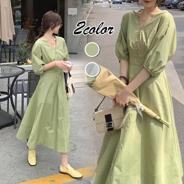 ワンピース レディース 40代 マキシワンピース 春夏新作 五分袖ワンピース パフスリーブワンピース Aラインスカート オシャレ韓国風 結婚式ドレス お出かけの通販は 6,027円