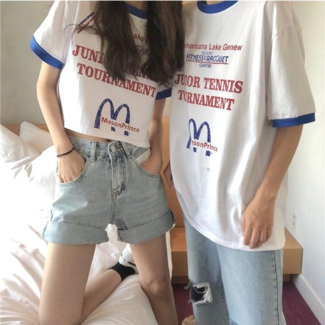 Tシャツレディース半袖へそ出しショート丈カップル服姉妹服かわいいトップスショートタンクトップ夏ゆるい韓国ファッション原宿系ストリート Tシャツレディース半袖へそ出しショート丈カップル服姉妹服