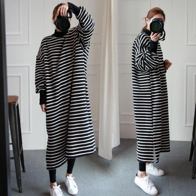 ロングワンピ ボーダー柄 レディース スウェットワンピ ロング丈 体型カバー スウェット ワンピース ゆったり マキシ丈ワンピース 秋の通販は 6,233円