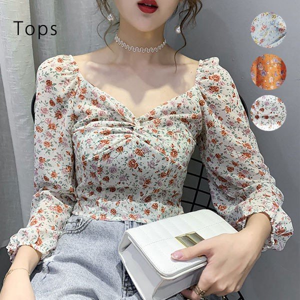トップス オフショルダー  レディース  長袖 トップス  レイヤード 重ね着 インナー  フラワー柄 小花柄 オレンジ ブルー 【メール便】 [M便 1/1] セール