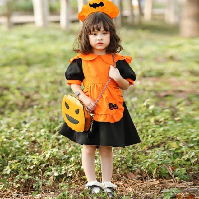 ハロウィン キッズドレス メイド服 かぼちゃ 衣装 コウモリ エプロン かわいい 女の子 子供 コスプレ 3点セット ウェイトレス 半袖 ワンピース 幼稚園 保育園 かぼちゃ 仮装 クリスマス イベント 仮装グッズ