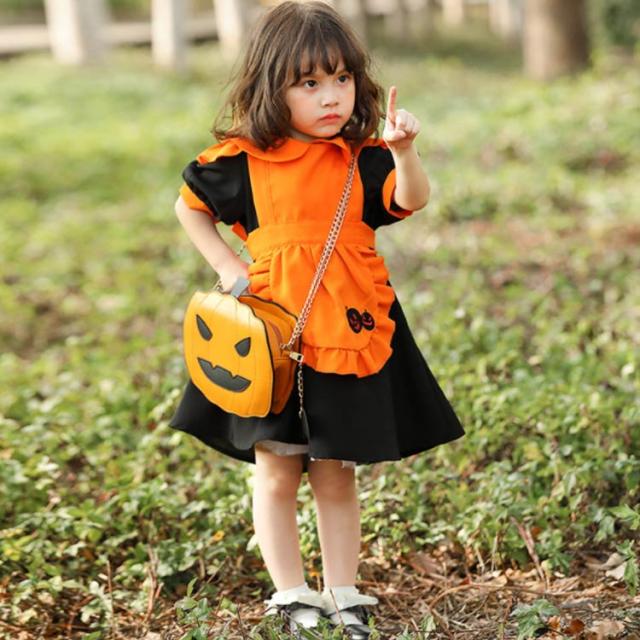 ハロウィン キッズドレス メイド服 かぼちゃ 衣装 コウモリ エプロン かわいい 女の子 子供 コスプレ 3点セット ウェイトレス 半袖 ワンピース 幼稚園 保育園 かぼちゃ 仮装 クリスマス イベント 仮装グッズ