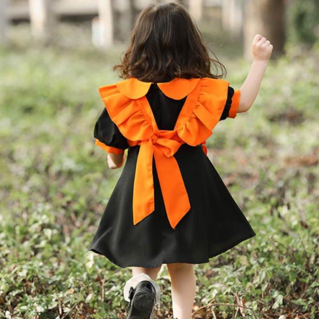 ハロウィン キッズドレス メイド服 かぼちゃ 衣装 コウモリ エプロン かわいい 女の子 子供 コスプレ 3点セット ウェイトレス 半袖 ワンピース 幼稚園 保育園 かぼちゃ 仮装 クリスマス イベント 仮装グッズ