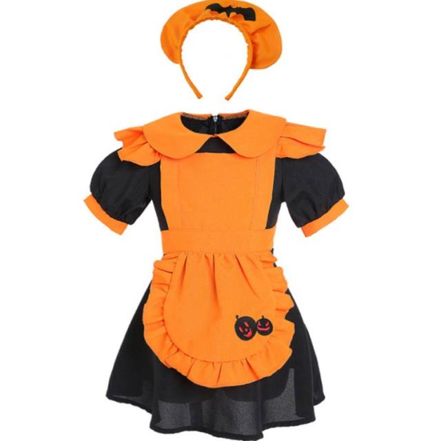ハロウィン キッズドレス メイド服 かぼちゃ 衣装 コウモリ エプロン かわいい 女の子 子供 コスプレ 3点セット ウェイトレス 半袖 ワンピース 幼稚園 保育園 かぼちゃ 仮装 クリスマス イベント 仮装グッズ
