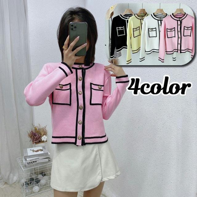 カーディガン レディース 婦人服 長袖 ニット 前開き ラウンドネック パイピング ポケット 金ボタン おしゃれ かわいい エレガント 上品 清楚 羽