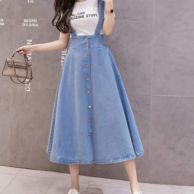 デニムスカート レディース サスペンダー Aライン フレア ボタン 膝下