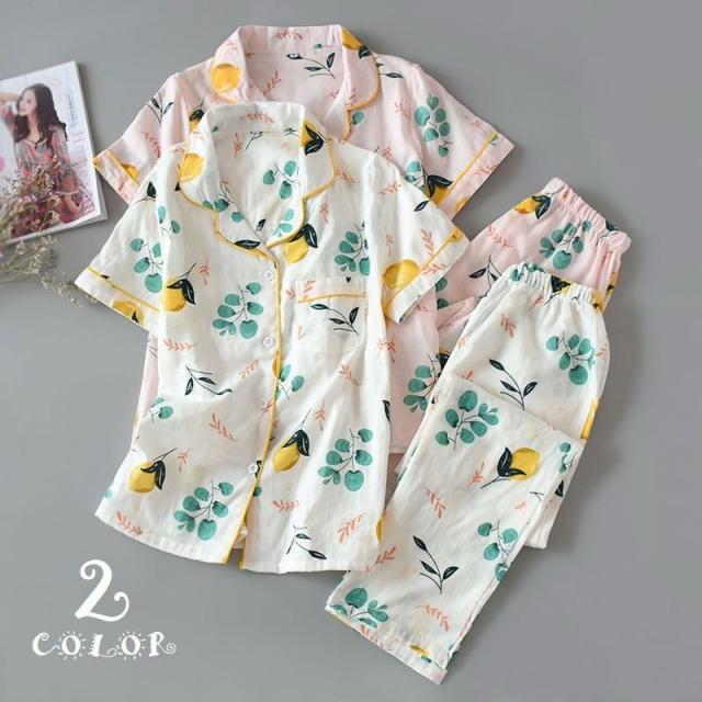 上下セット 2点セット レディース 女性 婦人 パジャマ 半袖 オープンカラー ボタン ロング丈 レモン イラスト かわいいの通販は 5,440円