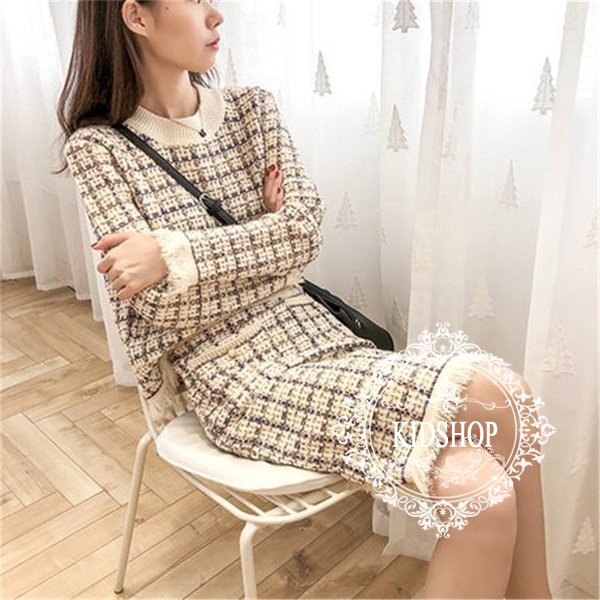2点セット ニットワンピース レディース 30代 40代 50代 秋冬 膝丈 らしゃ チェック柄 ワンピース きれいめ 上品 ワンピース 長袖 体型カバー 通勤 着痩せ