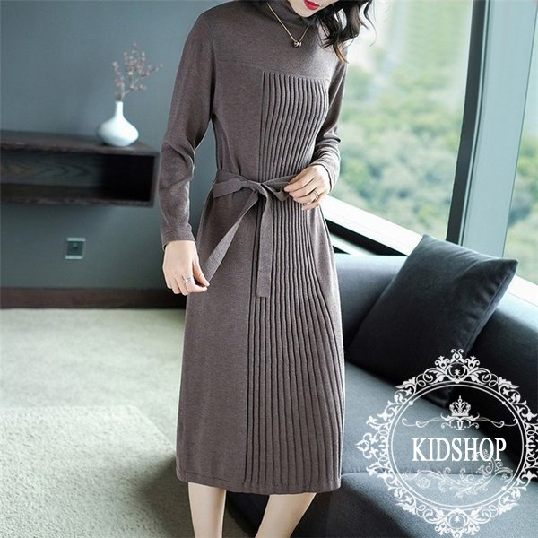 ニットワンピース レディース 40代 秋冬 膝丈 ベルト付き ワンピース