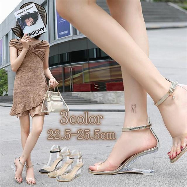 3color サンダル レディース キャバ ヒール 8cm キャバ サンダル 靴 キラキラ 結婚式 ウェッジソール 靴 ストラップサンダル クリア サンダル ドレス キャバ パの通販は