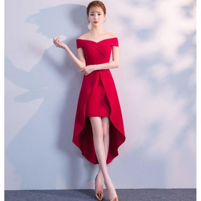 ドレス パーティードレス Aライン 半袖 オフショルダーネック マーメイドテール ミディアム丈 バックファスナー 上品 エレガント パーティー 二次会