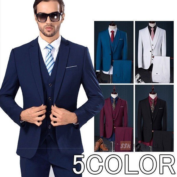 メンズ 3ピーススーツ スリーピーススーツ ビジネススーツ スリムスーツ 1つボタン 細身 結婚式 二次会