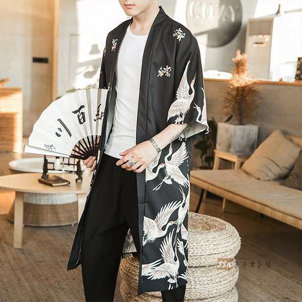 羽織 メンズ はおり 七分袖 甚平風 カーディガン ロング丈 鶴柄
