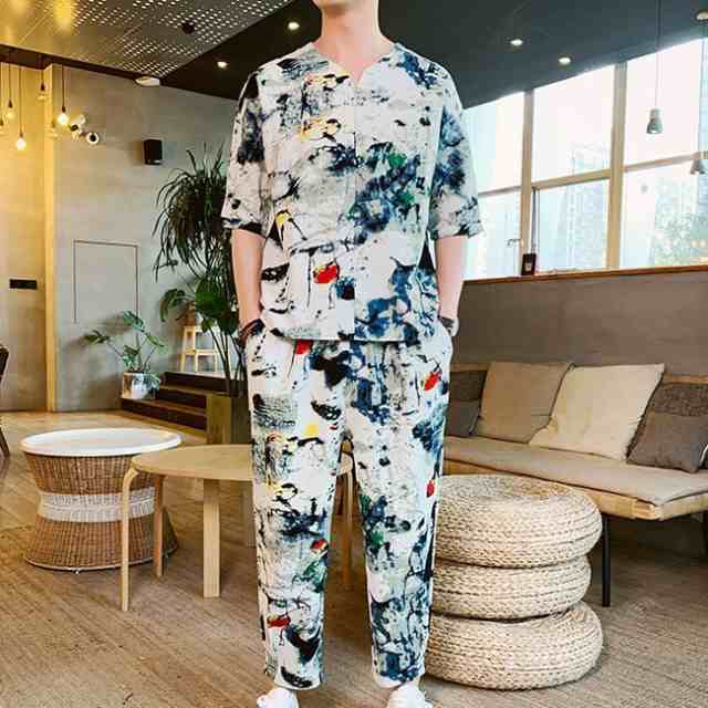 上下セット メンズ 半袖 大きいサイズ Vネック セットアップ メンズ ルームウェア チャイナ風 上下セット 春夏の通販はスウェット・ジャージ