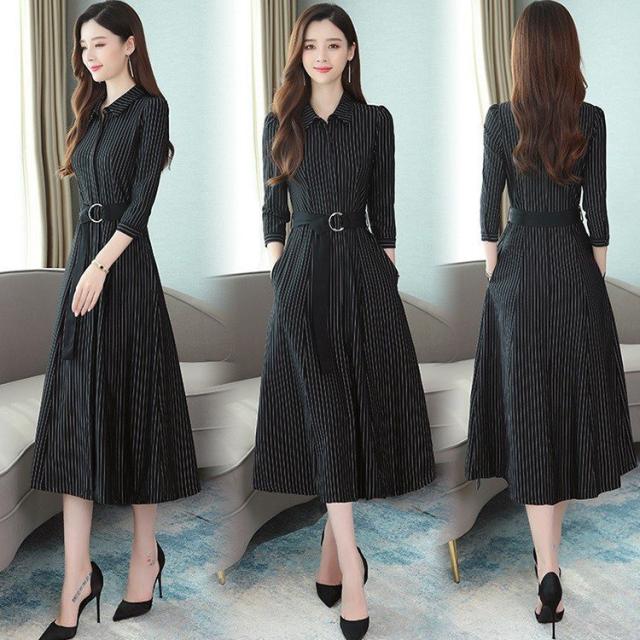 ワンピース レディース 春秋 きれいめ ロング丈ワンピース 韓国風 ストライプ 七分袖 膝丈 オシャレ 着痩せ 復古風 カジュアル ゆったり 通勤 上品