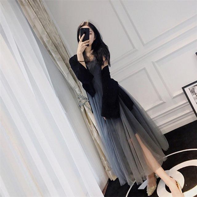 ワンピース レディース 秋冬 マキシワンピース チュール ノースリープ