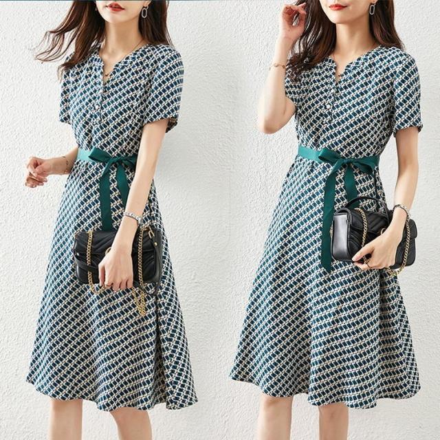 ワンピース レディース 40代 きれいめ 膝丈ワンピース 春夏 半袖ワンピース 幾何プリント リボン Aラインスカート オシャレ大人 ゆったり 韓国風 通勤OL