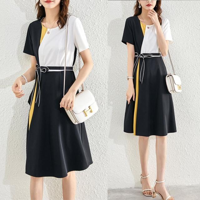 ワンピース レディース 40代 きれいめ 膝丈ワンピース 春夏 半袖ワンピース 配色 Aラインスカート オシャレ大人 ゆったり 韓国風 通勤OL 30代 50代
