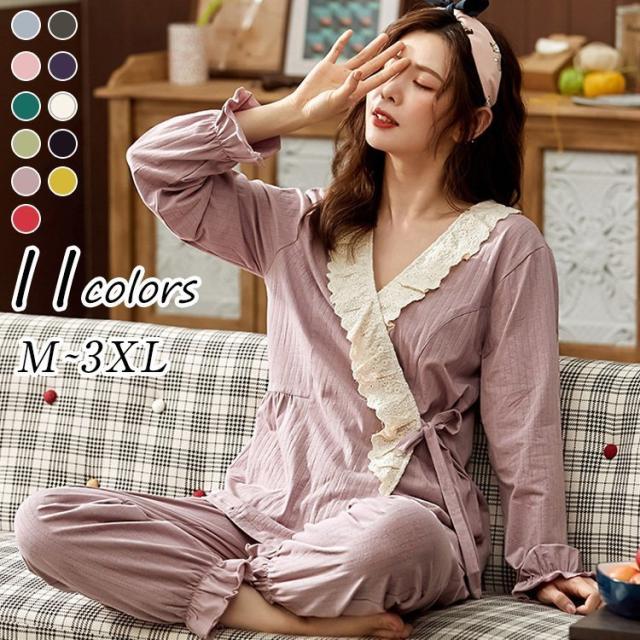 パジャマ レディース 秋冬 長袖 パジャマ ロングパンツ ルームウェア レース 2点セット 前開き パジャマ 可愛い 部屋着 韓国風 寝巻き パジャマ パジャマ レディース 秋冬 長袖 パジャマ ロングパンツ ルームウェア