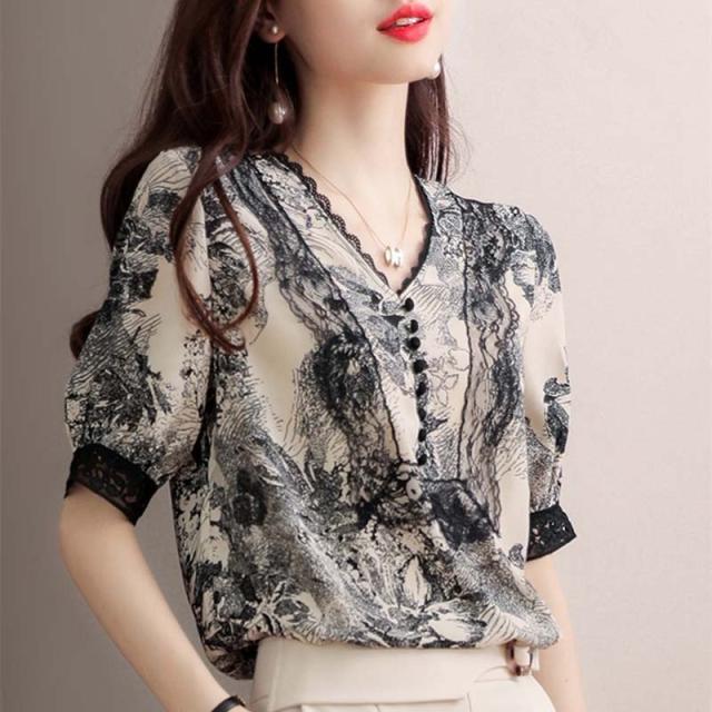 ブラウス レディース 40代 春夏新作 オシャレブラウス レースシフォンシャツ 半袖トップス Vネック パフスリーブブラウス 大人 通勤 ゆったり シャツ 韓国風 ブラウス レディース 40代 春夏新作 オシャレブラウス レースシフォン